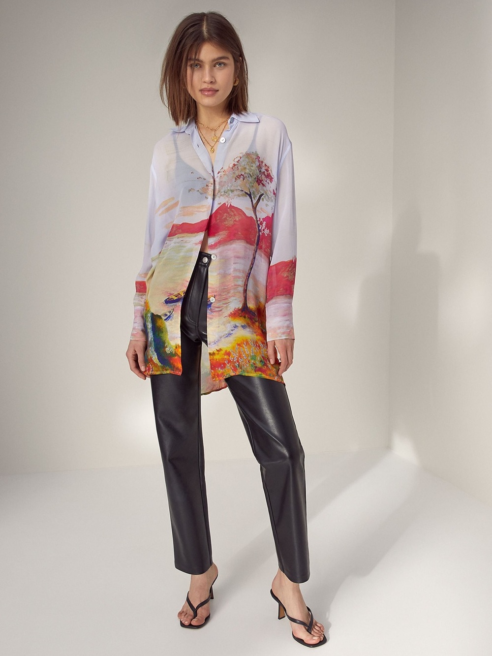 Wilfred Twain Button Up Shirt Sheer Landscape Blouse Sz XXS Multicolour Aritzia